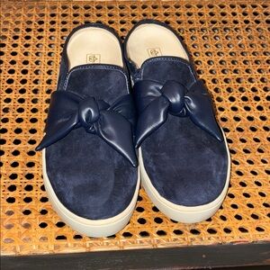 Ladies Navy Slip-On Suede Loafers with Knotted Leather Detail